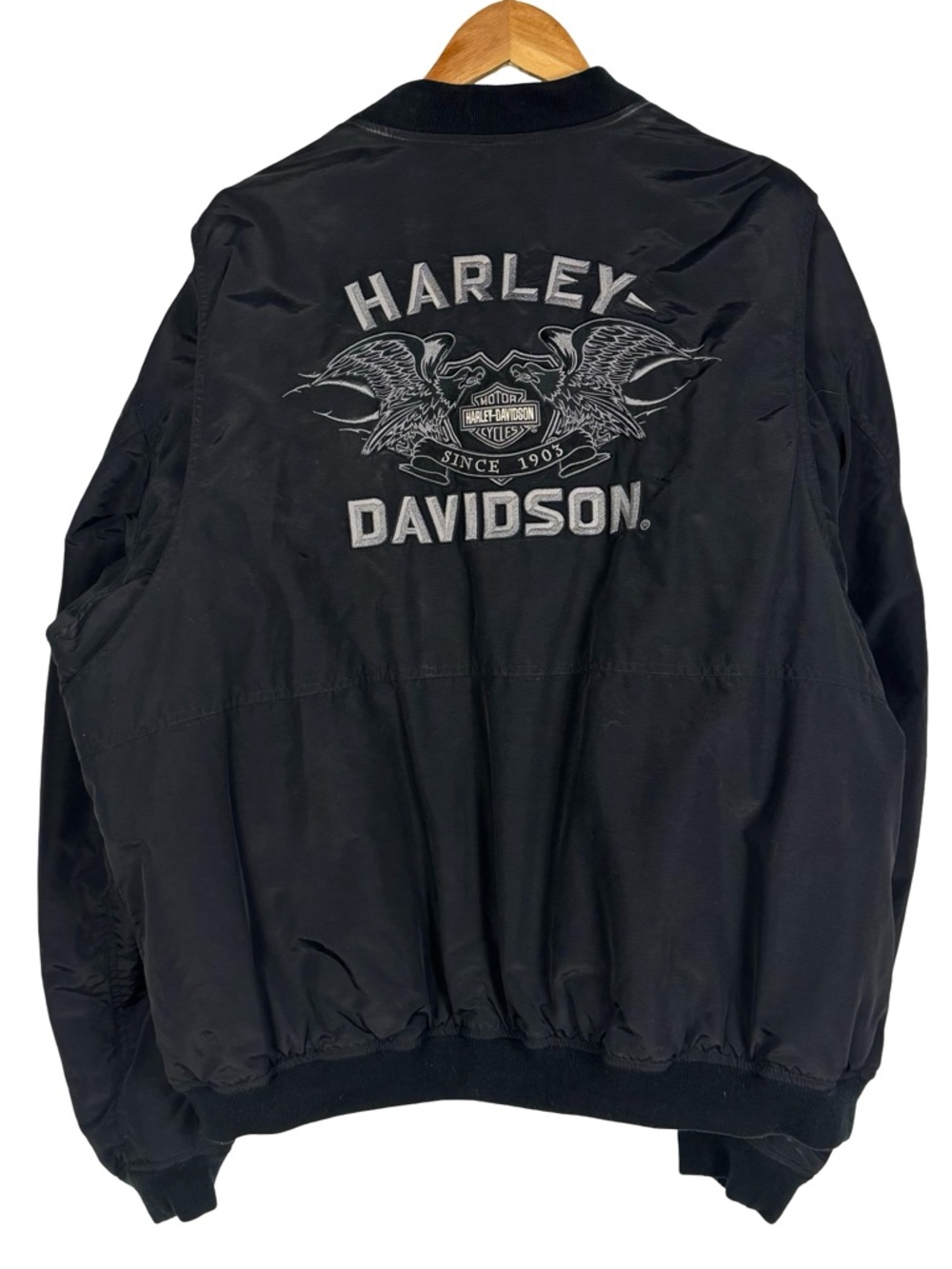 Harley Davidson Bomber Jacket 2XL Black Nylon Full Zip Eagle Spellout Logo Biker